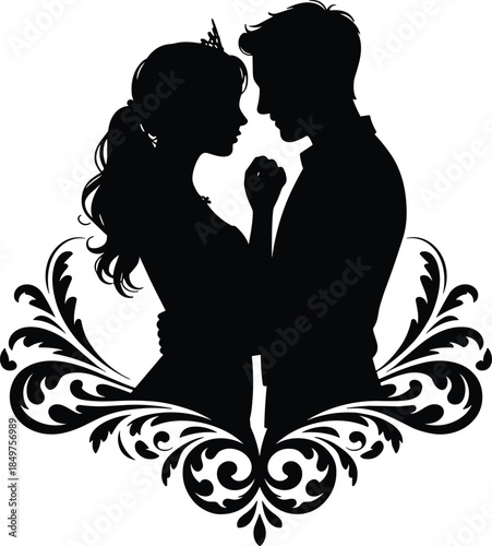 Elegant Black Silhouette Vector of a Wedding Couple Embracing Above an Ornate Victorian Style Scrollwork Base for Formal Matrimonial Invitations.