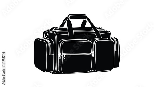 Black silhouette of a gym duffel bag with white outline isolated on white background
