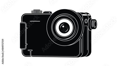 Black silhouette of a digital camera with white outline on a isolated on white background