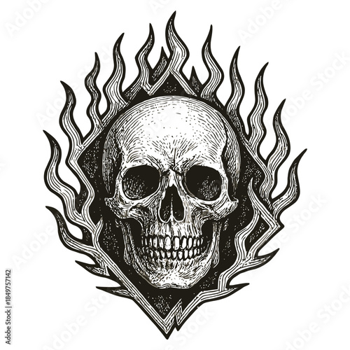 Intricate skull with flames in black and white artistic illustration.