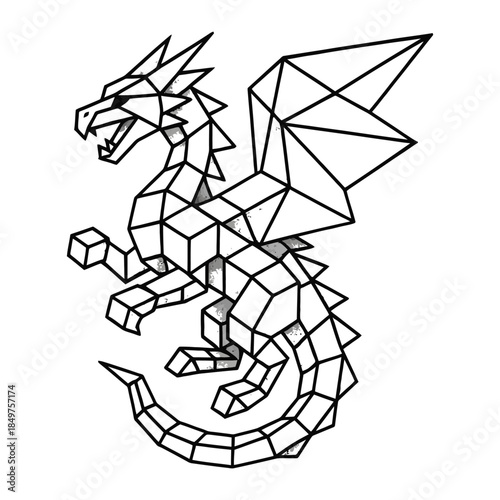 Geometric polygonal dragon illustration in black and white.