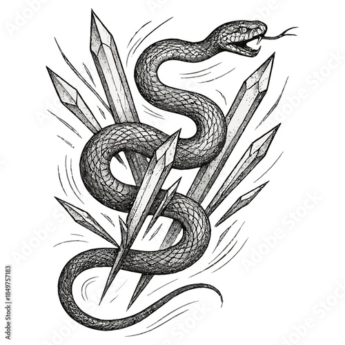 Intricate snake wrapped around sharp crystals in detailed black and white tattoo design.