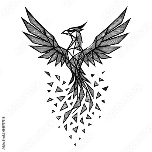 Geometric phoenix bird with intricate triangular patterns and bold lines.