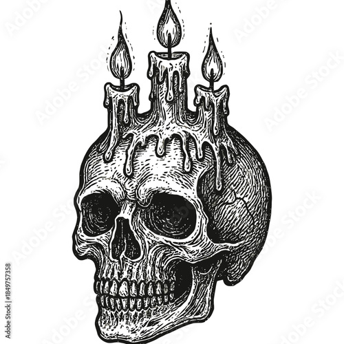 Engraved skull with melting candles illustration on white background.