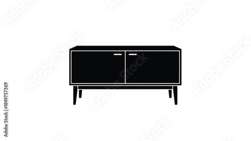 Minimalist black silhouette of a modern TV stand with two doors on a isolated on white background
