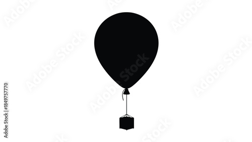Black hot air balloon silhouette with basket isolated on white background