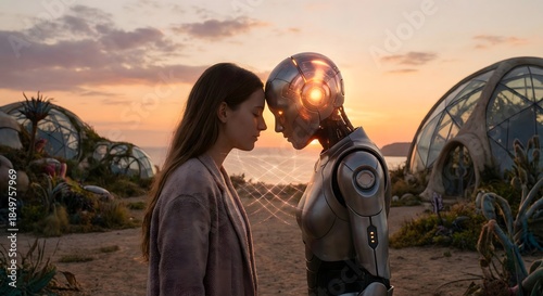 Woman and robot face to face in futuristic landscape at sunset