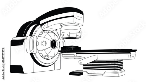 Detailed 3D rendering of a medical CT scanner machine with patient table, in black and white, on a clean isolated on white background