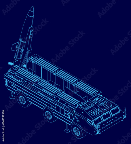 A detailed military missile blueprint on a blue background highlights its pointed nose and tail contours. The stark contrast makes the rocket launcher design stand out clearly. Isometric view