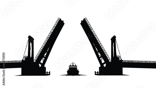 Silhouette of a boat passing under a bascule bridge isolated on white background