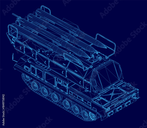 A detailed 3D wireframe blueprint of a military rocket launcher vehicle, isolated on a solid blue background for technical presentations.