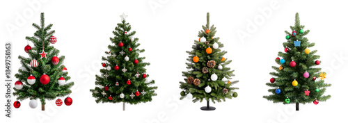 Decorated Christmas Trees with Red, White, Colorful, and Halloween Ornaments – Star Topper Holiday Evergreen Trees