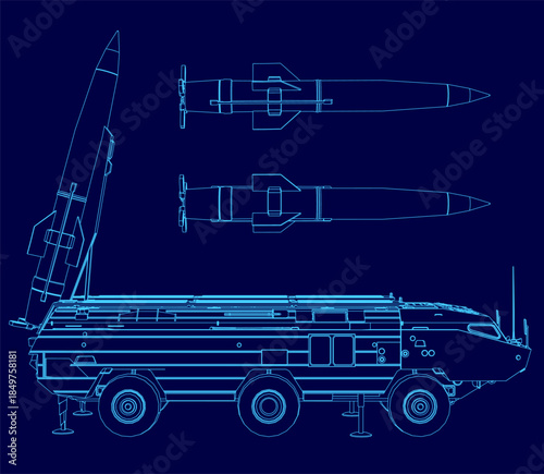 A detailed military rocket launcher truck blueprint on a dark blue background highlights the missile's intricate components and technical contours. Side view