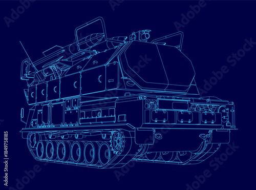 Detailed blueprint of a military tank with a rocket launcher turret and visible tracks. The technical contour drawing is isolated on a solid blue background for high contrast.