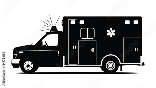 Black silhouette of an ambulance truck isolated on white background