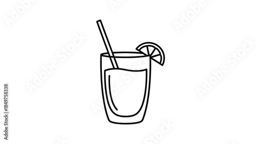Simple black and white line art icon representing a refreshing beverage in a tall glass with a straw and citrus slice garnish