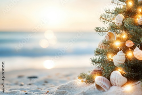 Seashell christmas tree on tropical beach with festive lights at sunset