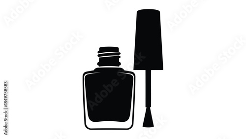 Minimalist black silhouette of nail polish bottle and brush isolated on white background