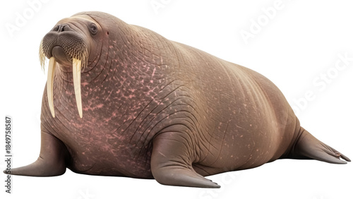 Photos Isolated Walrus Resting on Ground Looking at Camera with Tusks Visible, Animal L