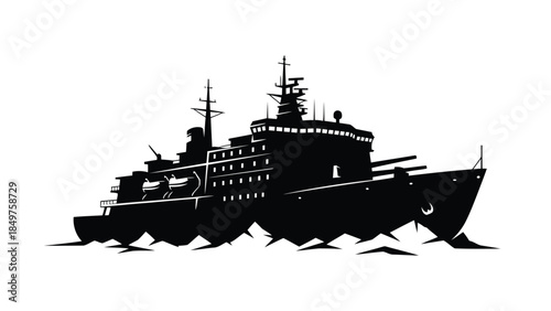 Silhouette of a large ship on water, black shape against , nautical vessel profile isolated on white background