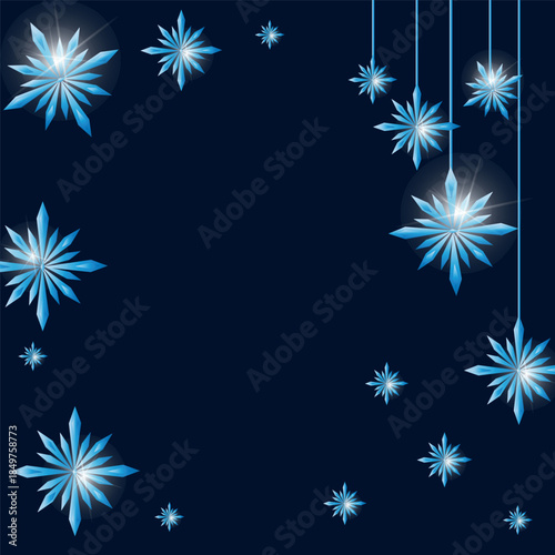 New Year's background with snowflakes. Vector dark blue Christmas background with sparkling crystals in the shape of snowflakes.