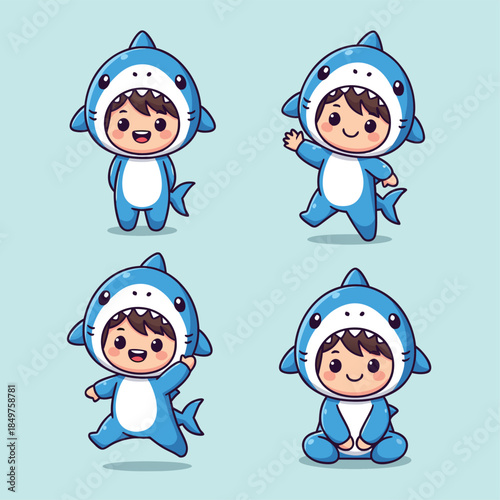 Cute cartoon children wearing shark costumes in various poses.