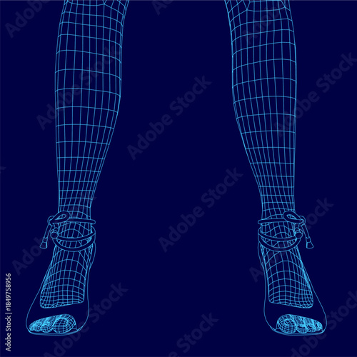 A woman's legs in sheer stockings and high heels are rendered as a 3D contour model against a deep blue background.