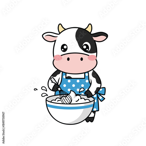 Cute cartoon cow baking with a whisk and bowl.