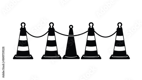 Five black and white traffic cones with rope barrier flat illustration isolated on white background