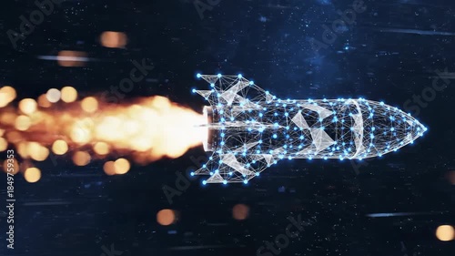 Digital rocket wireframe glowing with connected nodes and fiery exhaust, futuristic speed motion and energetic network flight