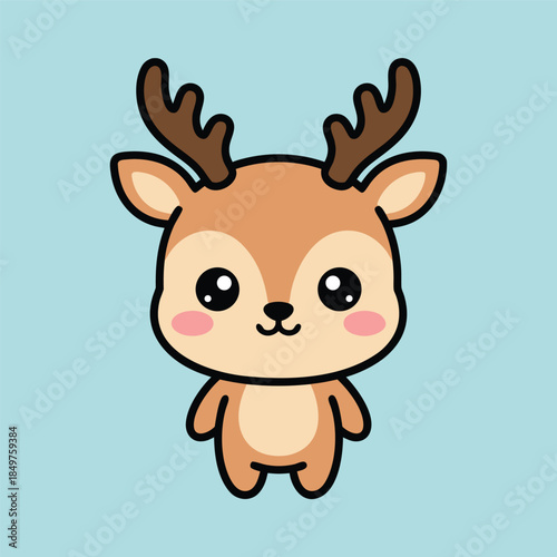 Cute cartoon deer with antlers standing on a light blue background.