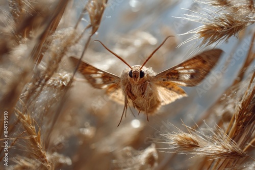 Close up macro shot of a moth on dry grass