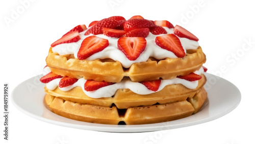 Foto Isolated delicious strawberry waffles, golden fluffy breakfast treat with whippe