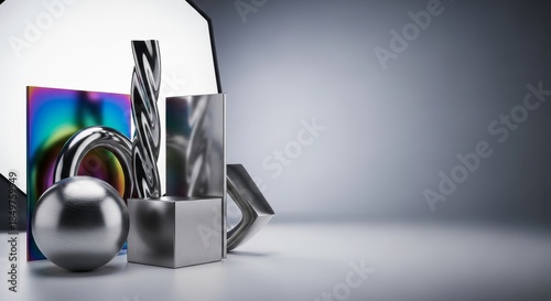 Abstract Composition of Metallic Geometric Shapes with Iridescent Reflections