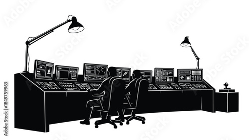 Silhouette of two people working at a control room desk with multiple computer monitors and lamps, in a minimalist flat isolated on white background