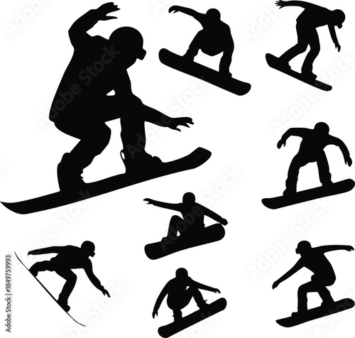Silhouettes of Snowboarders in Various Action Poses, silhouette, illustration, vector
