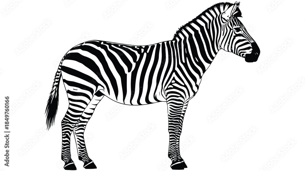 Fototapeta premium Black and white zebra standing alone in profile flat illustration isolated on white background