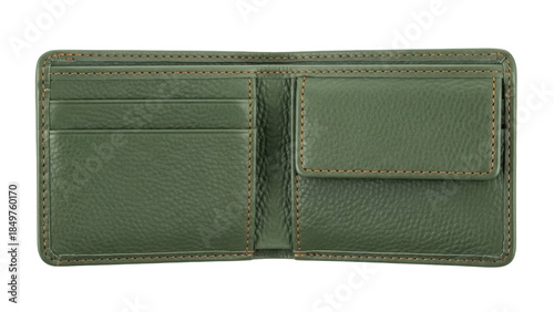 Isolated green leather wallet with pockets and compartments ready for currency and cards