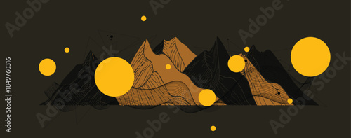 abstract illustration of geometric mountain formations stylized peaks, Modern science art elements. composition with wireframe art elements Vector science elements