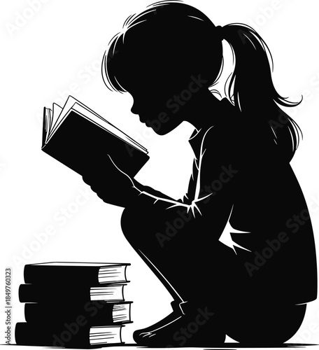 Detailed Black Silhouette Vector of a Young Girl with a Ponytail Crouched Down Reading a Book Next to a Small Stack of Books.