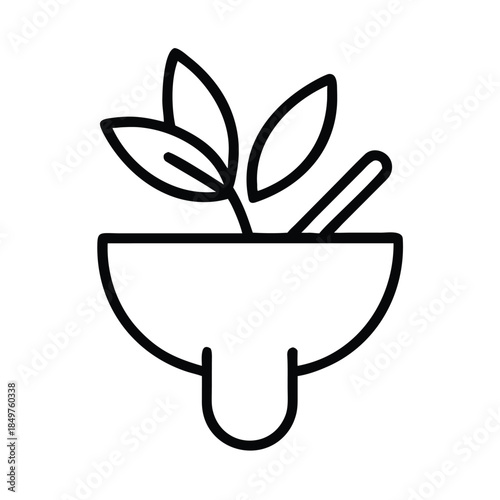 Simple black line icon representing herbal medicine preparation with mortar pestle and leaves