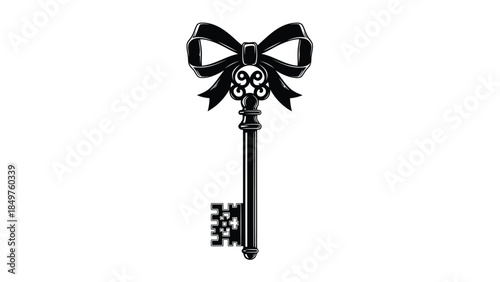 Black vintage skeleton key with ornate bow silhouette isolated on white background
