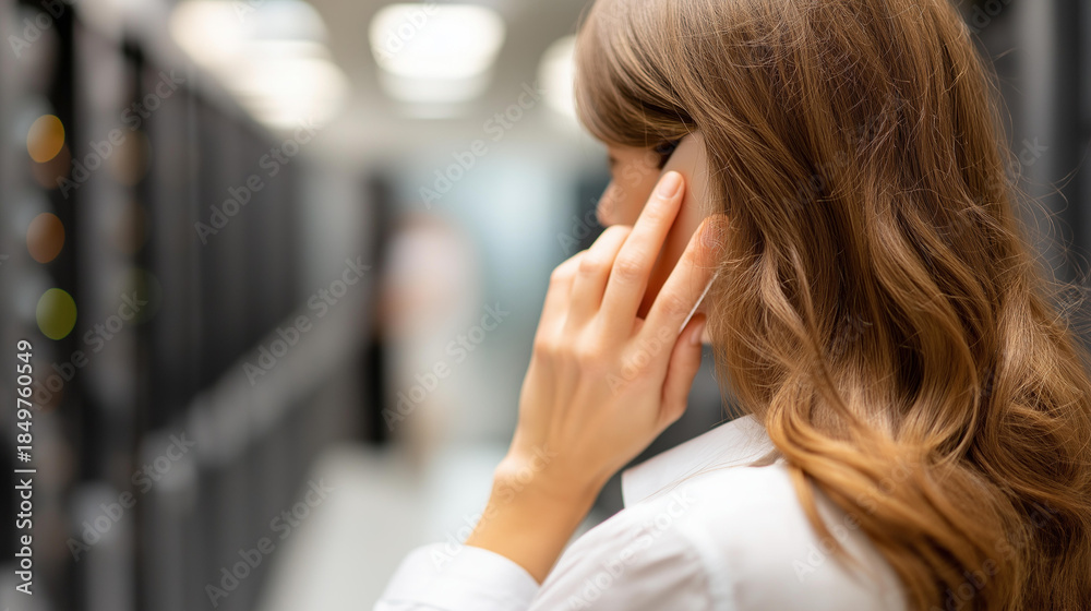 Fototapeta premium Faceless computer scientist lady answering cellphone call talking at datacenter closeup, IT professional communication, technology facility work, defocused person on phone, with co