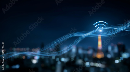 Smart city and big data connection technology concept with digital blue wavy wires with antennas on night megapolis city skyline background double exposure, urban connectivity, wit