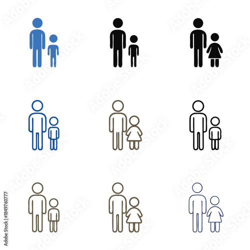 Collection of father and child icons depicting different family structures and graphic styles