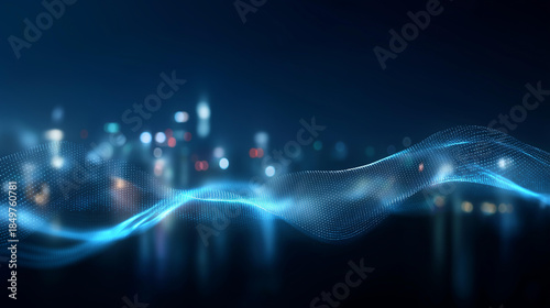 Smart city and big data connection technology concept with digital blue wavy wires with antennas on night megapolis city skyline background double exposure, urban connectivity, wit