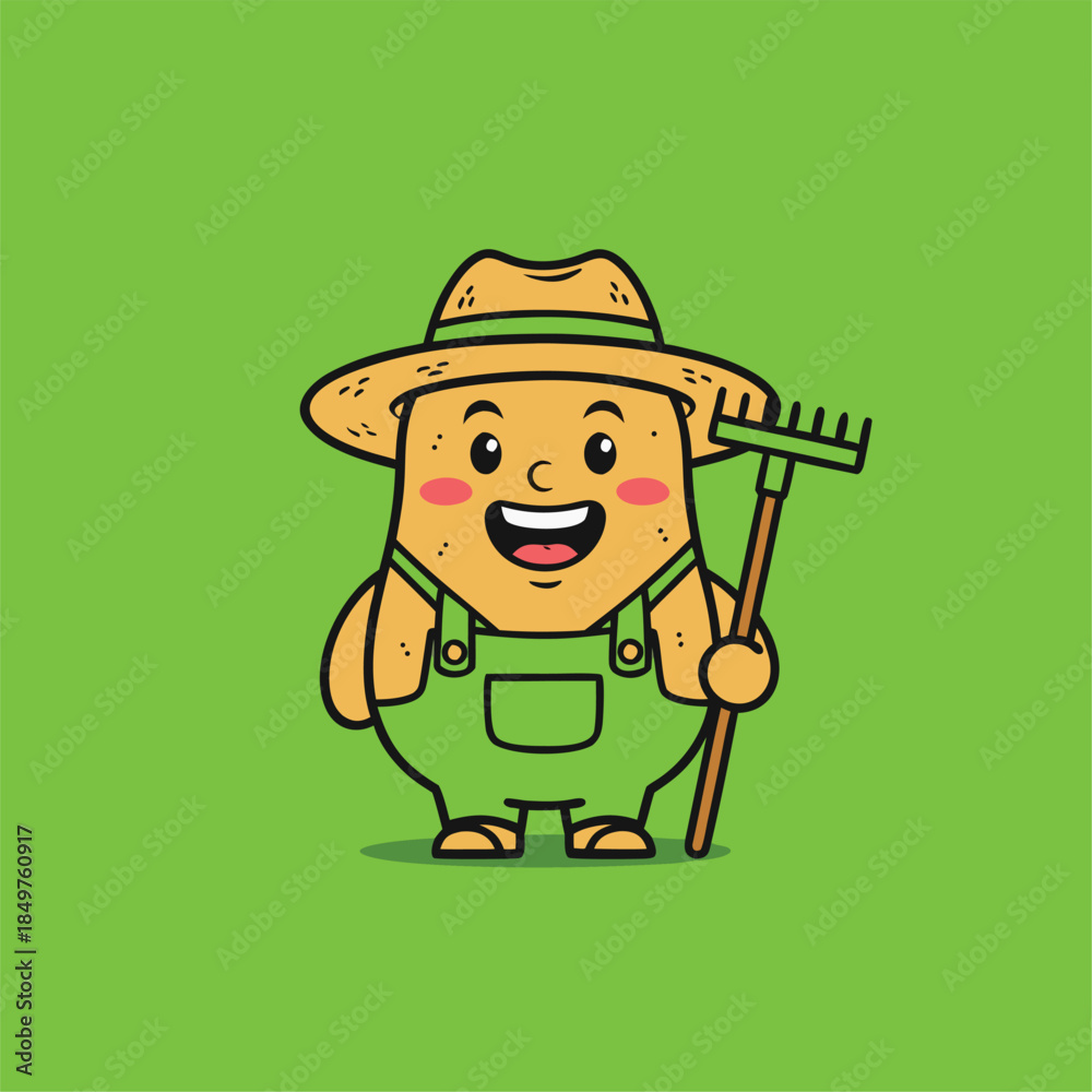 Obraz premium Cute Cartoon Farmer Potato Character with Rake.