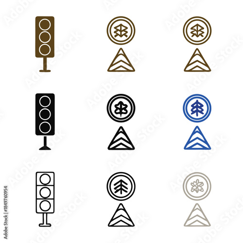 Collection of traffic control and environmental warning sign icons in various styles and colors