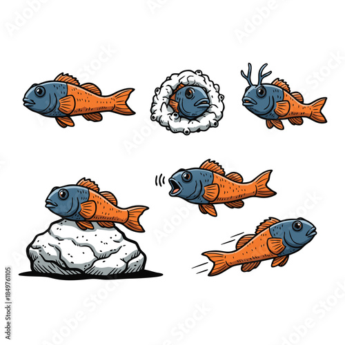 Cute Cartoon Fish Character Set.