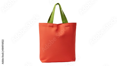 Isolated orange tote bag with green handles, blank reusable shopping bag, promotional item